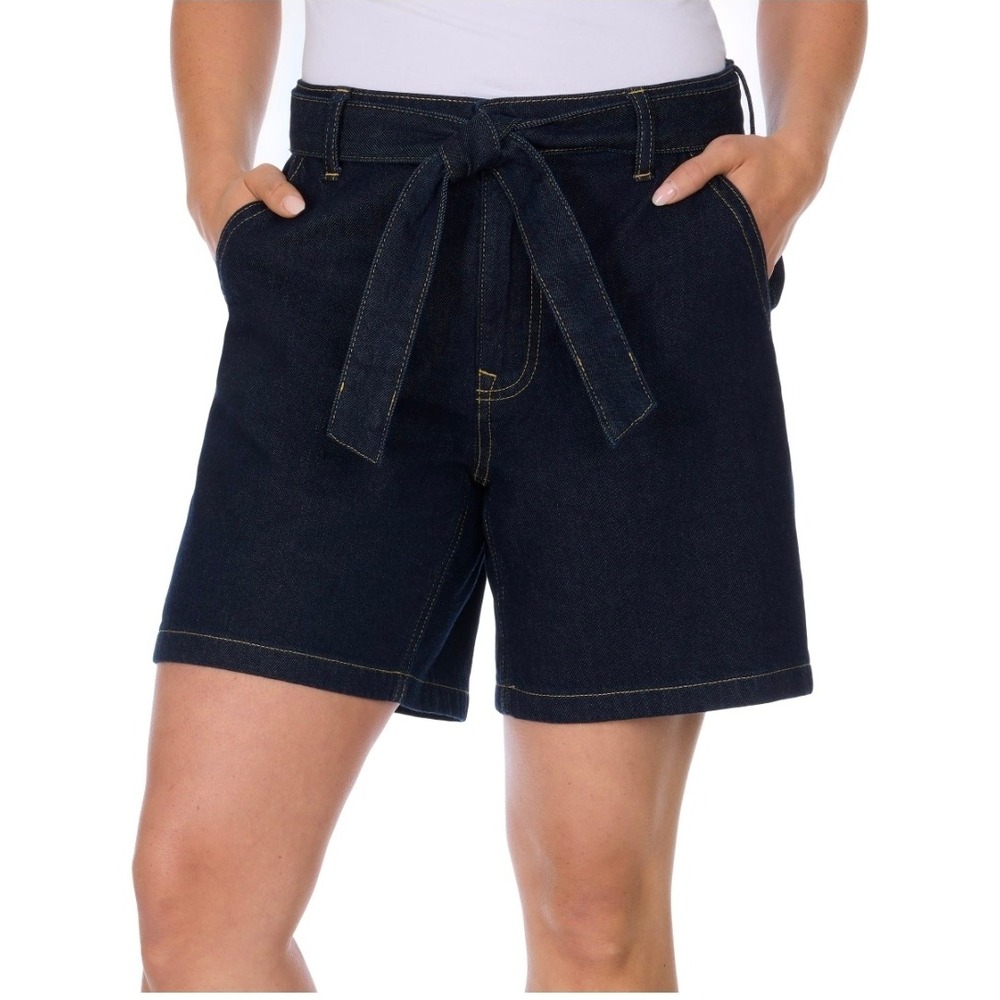 Tommy Hilfiger Womens High Rise Rigid Denim Shorts Dark Wash Tie Waist Size 12